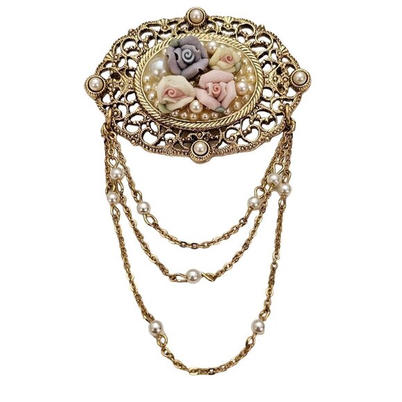1928 Brand Porcelain Rose Victorian Style Chatelaine Chain Filigree Brooch, L409 - Picture 8 of 8